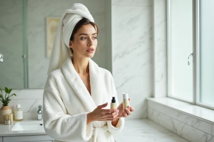 Femme en peignoir blanc comparant deux produits cosmétiques intimes dans une salle de bain minimaliste en marbre