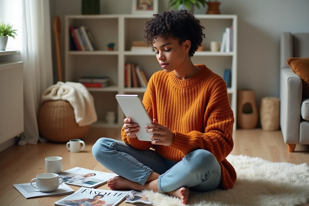 Jeune femme aux cheveux courts bouclés en coupe crop texturée, chez elle entourée de magazines de coiffure