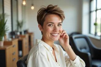 Femme aux cheveux courts en coupe pixie dans un salon de coiffure moderne, souriante et satisfaite de sa nouvelle coupe