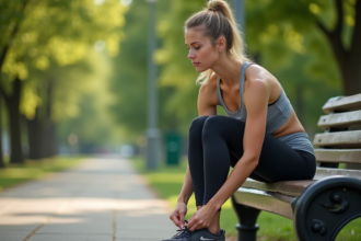 Femme en tenue de sport s'apprêtant à courir dans un parc