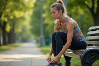 Femme en tenue de sport s'apprêtant à courir dans un parc