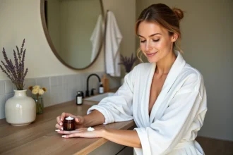 Femme appliquant une crème hydratante bio provençale sur son avant-bras dans une salle de bain rustique aux accents lavande