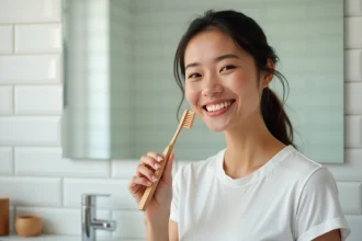 Femme souriante avec des dents blanches tenant une brosse à dents en bambou dans une salle de bain moderne et épurée