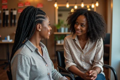Jeune femme noire discutant coiffure avec une coiffeuse dans un salon
