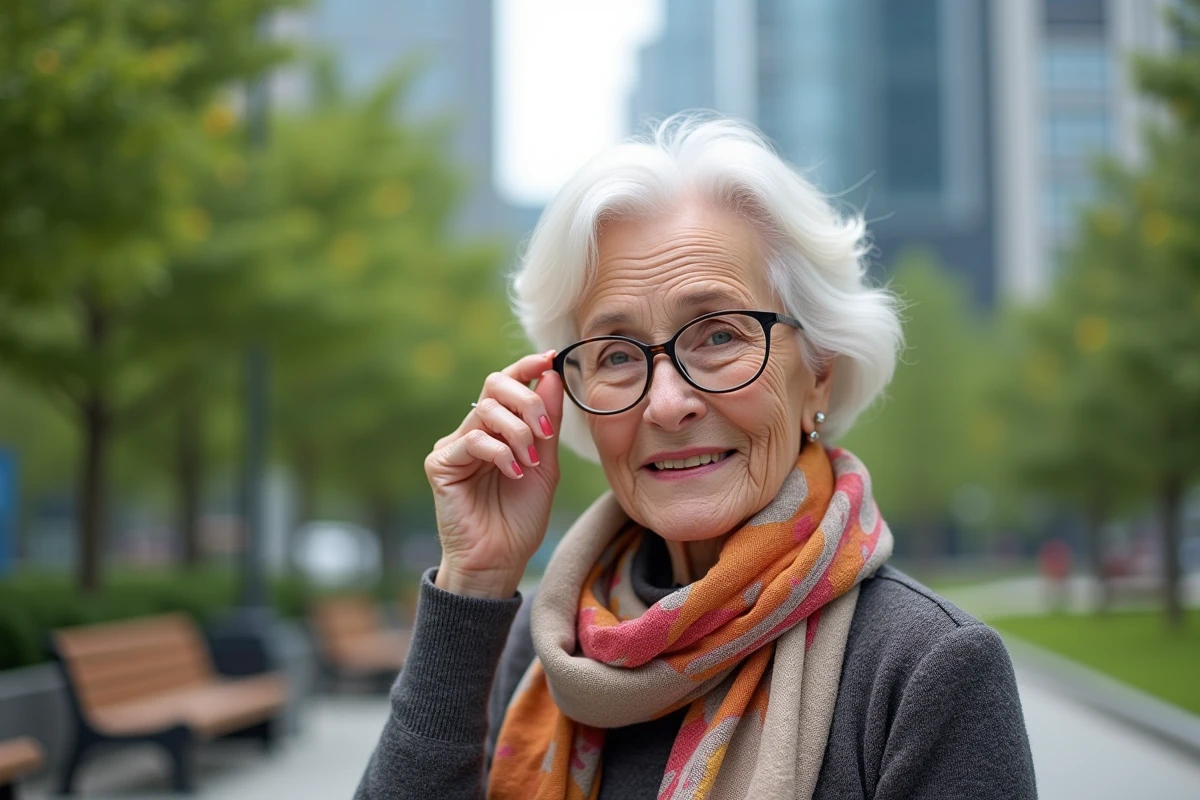 Femme âgée ajustant ses lunettes dans un parc urbain