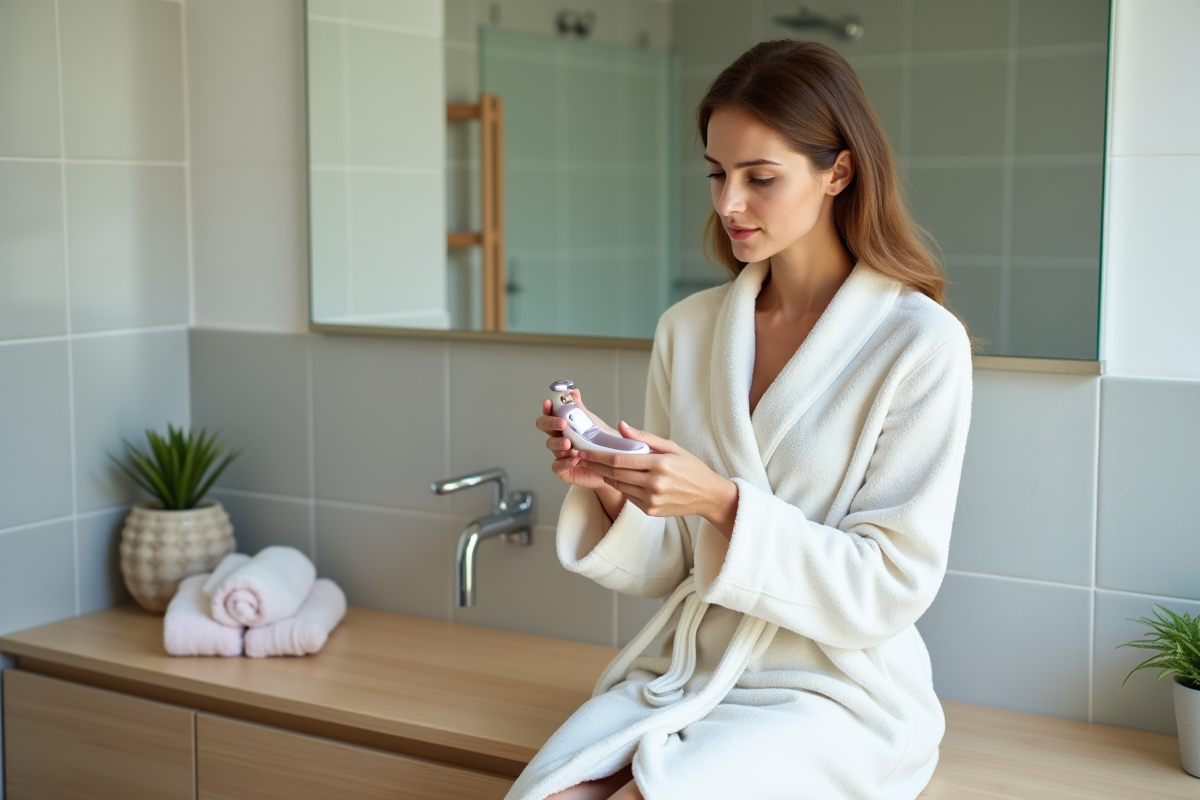 Femme lisant un epilateur dans la salle de bain