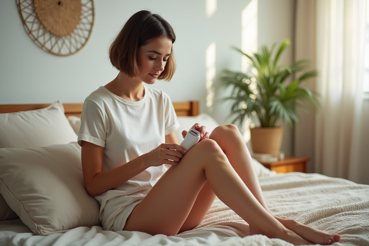 Jeune femme utilisant un epilateur dans la chambre