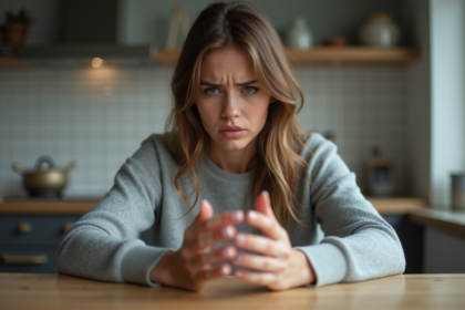 Femme regardant ses mains avec des ongles abimes
