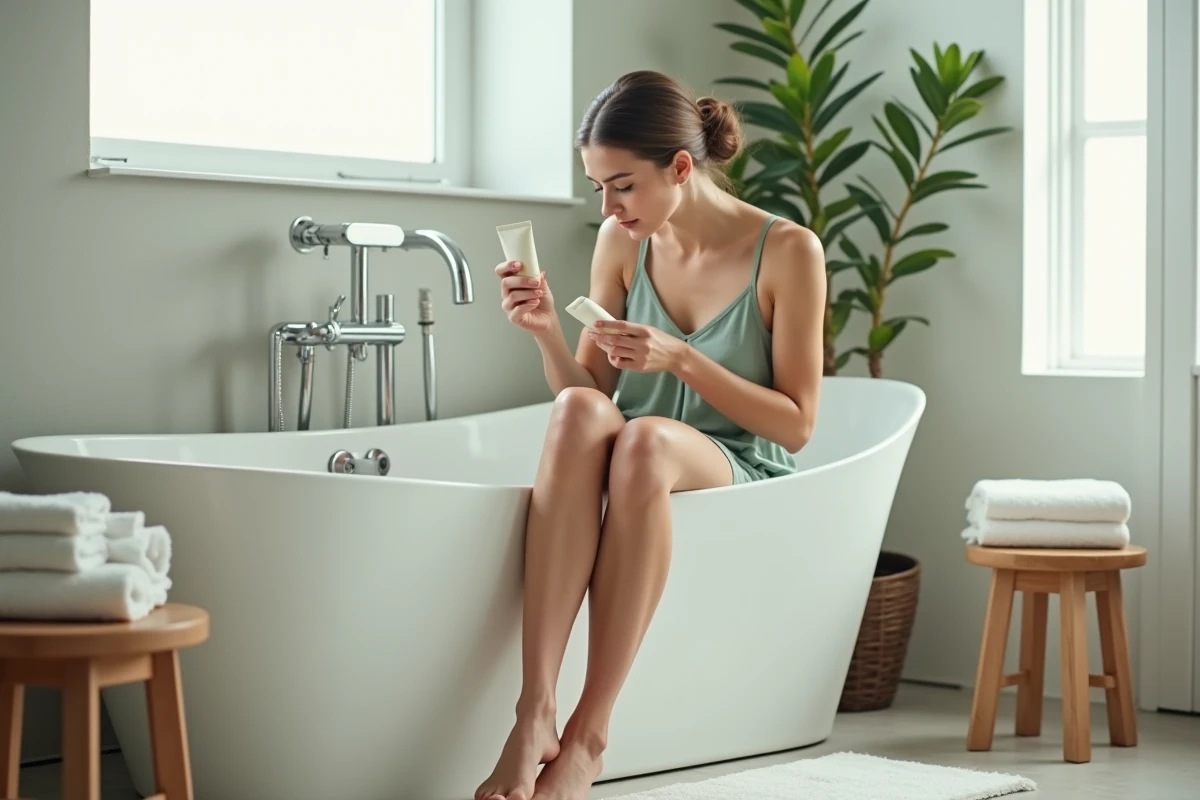Jeune femme lisant l'étiquette d'un produit intime assise au bord d'une baignoire dans une salle de bain apaisante