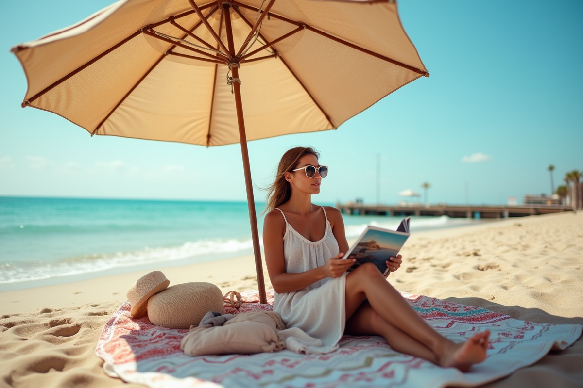 Femme en robe d été lisant sur une plage avec parasol et sable