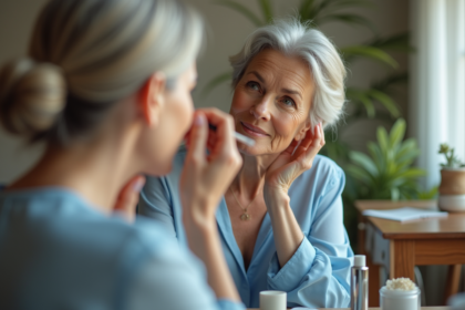 Femme élégante se maquillant dans un miroir lumineux