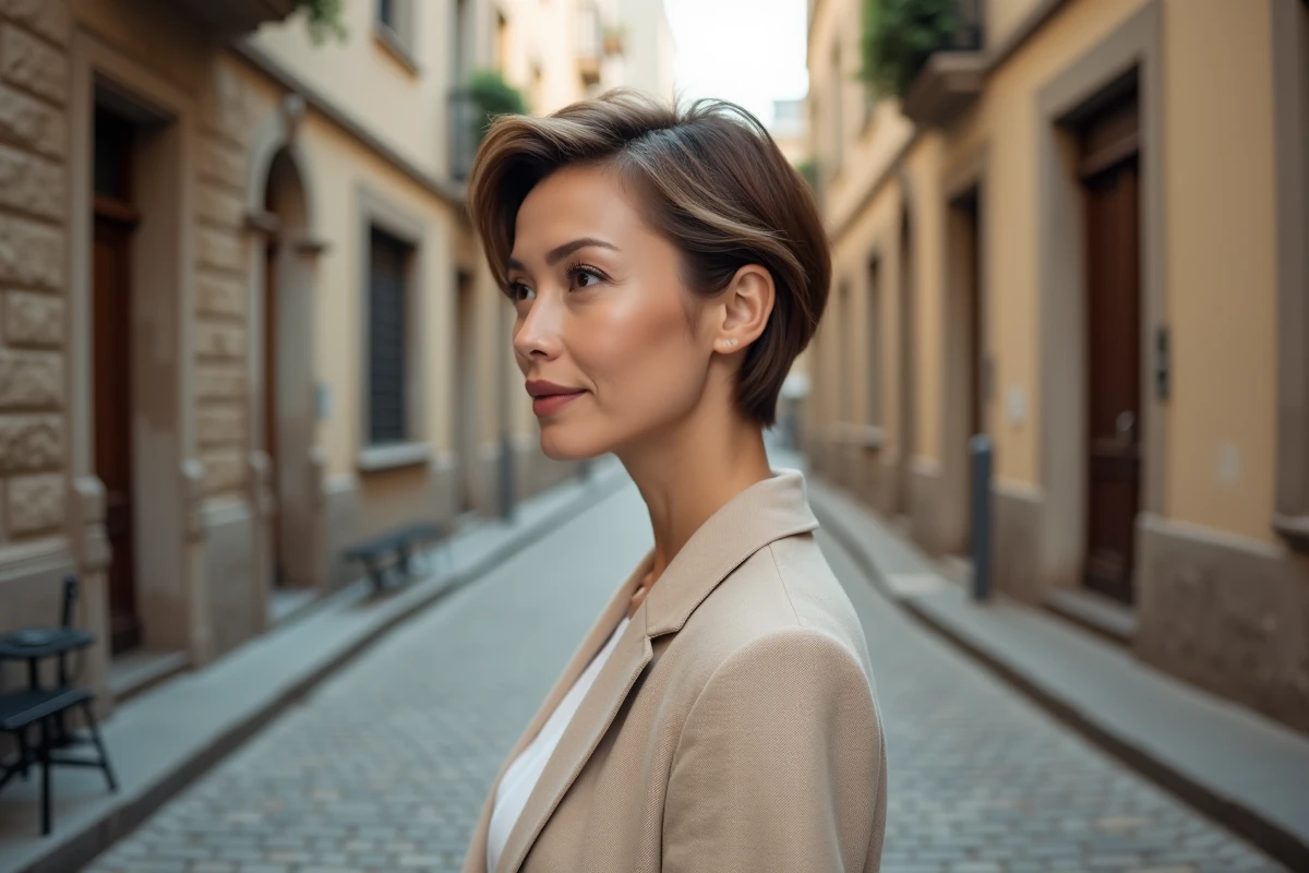 Femme d'âge moyen aux cheveux courts et fins coiffés en mini vague dans une rue pavée européenne en blazer beige