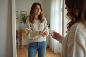 Femme souriante en jeans et pull dans une chambre lumineuse