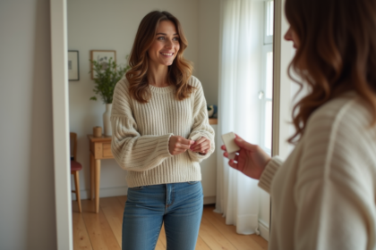 Femme souriante en jeans et pull dans une chambre lumineuse