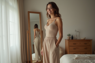 Femme élégante ajustant son bodysuit dans une chambre moderne