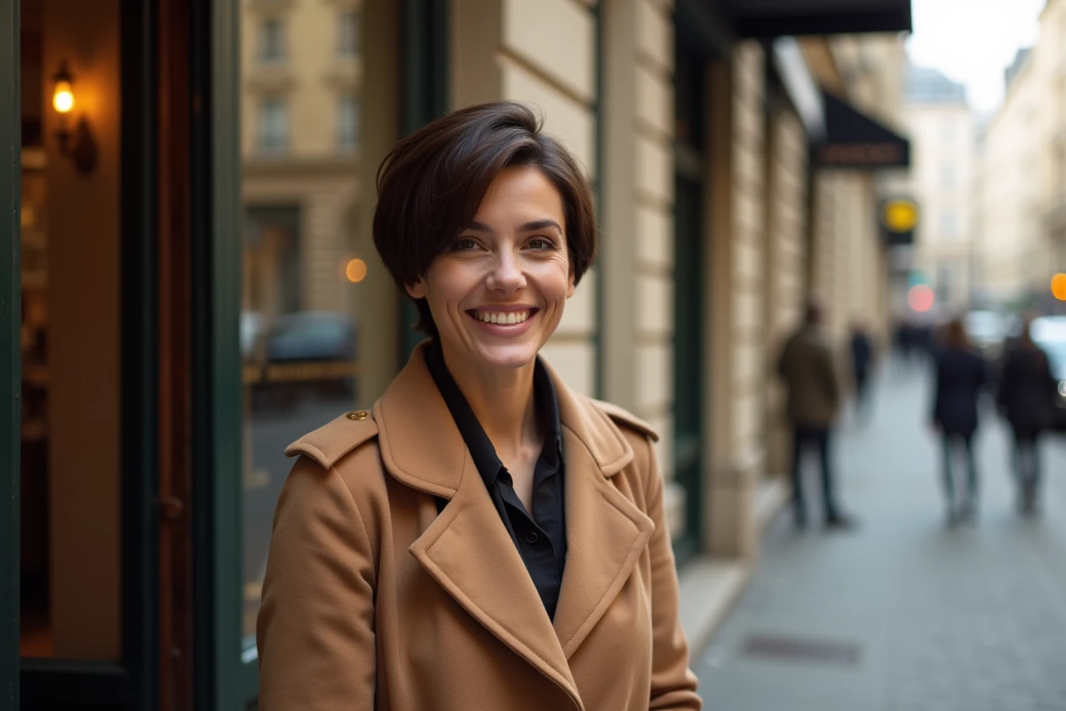 Femme confiante arborant une nouvelle coupe courte radicale à la sortie d'un salon de coiffure parisien sur un trottoir en pavés