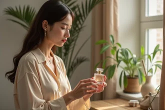 Femme élégante examinant un parfum dans une chambre moderne