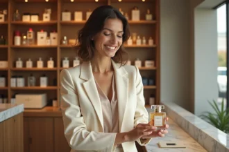 Femme élégante testant un parfum dans une parfumerie moderne