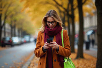 Femme élégante en manteau orange et foulard bordeaux dans Paris