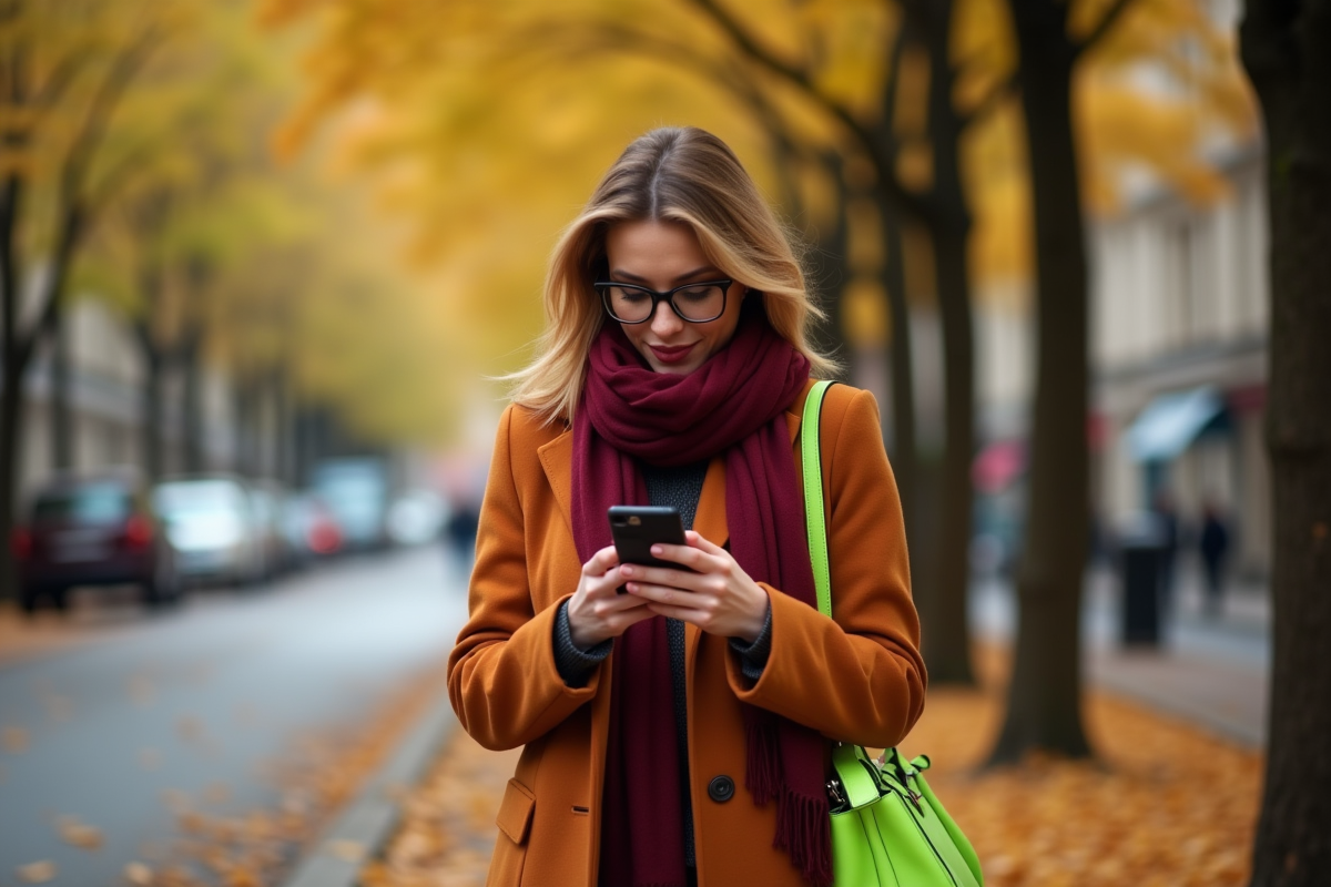 Femme élégante en manteau orange et foulard bordeaux dans Paris