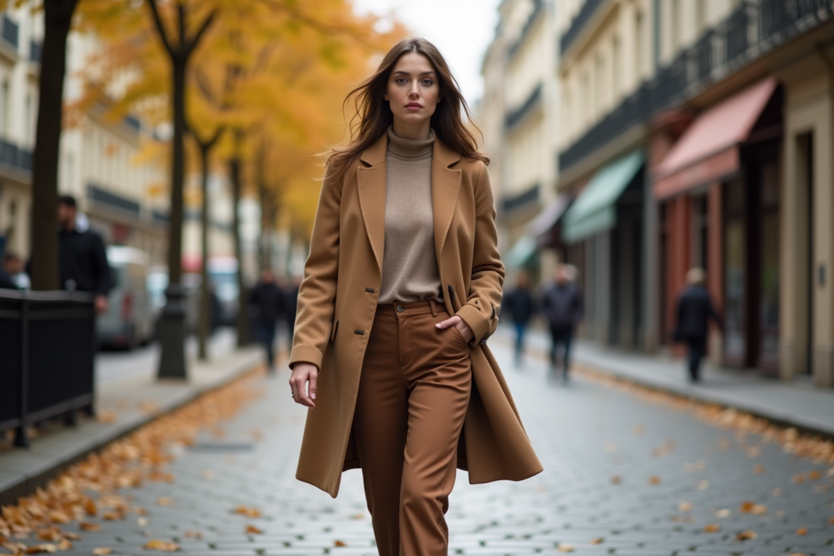 Femme élégante en manteau camel dans une rue parisienne automne
