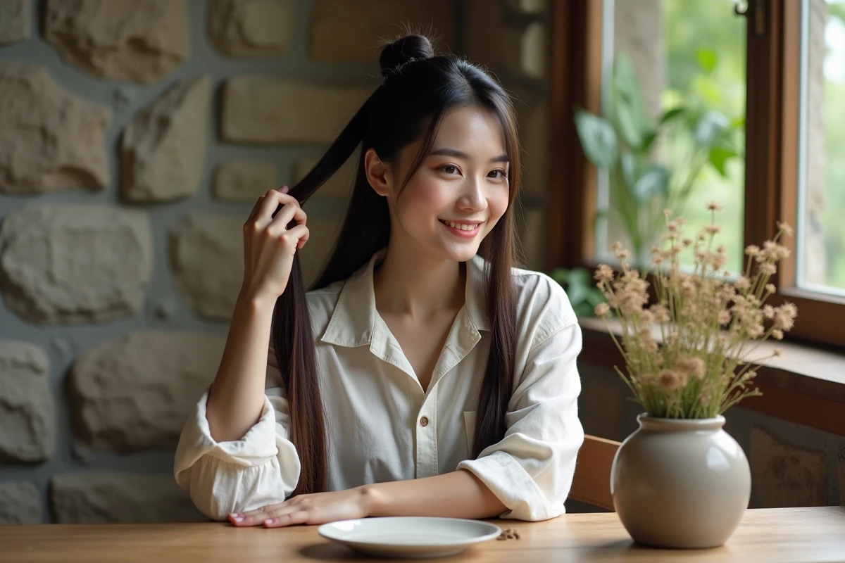 Jeune femme en robe en lin attache un ruban dans ses cheveux