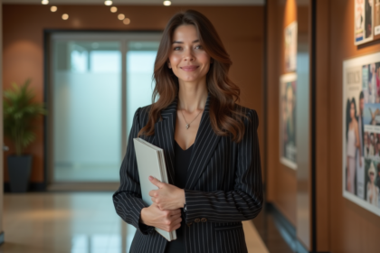 Femme confiante en blazer dans une agence de mode