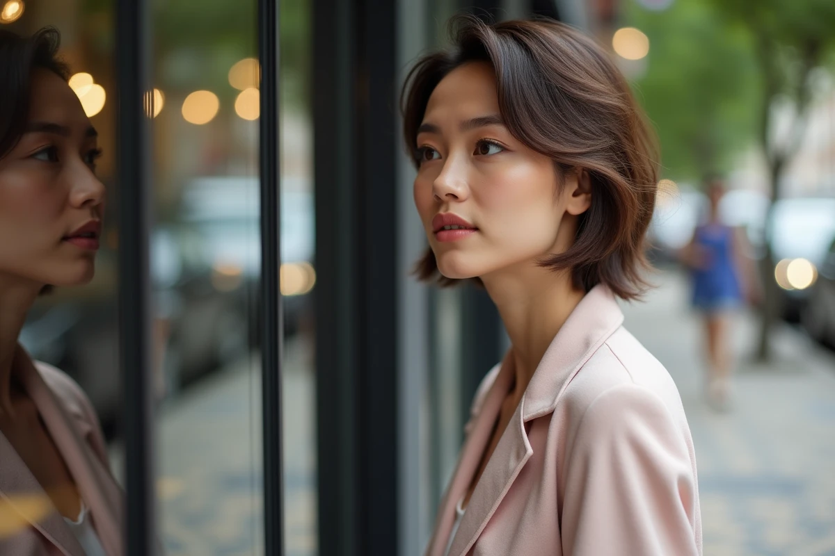 Jeune femme professionnelle vérifiant son reflet en ville