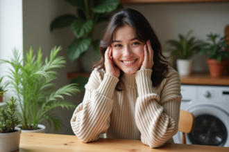 Femme souriante se massant les joues dans une cuisine chaleureuse