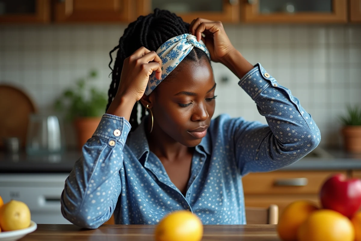Femme noire ajuste son foulard dans une cuisine ensoleillee