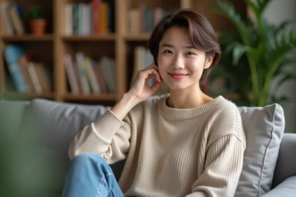 Femme souriante dans un salon moderne et chaleureux