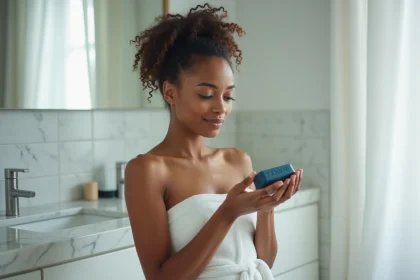 Femme tenant un savon Nila bleu dans une salle de bain minimaliste, soin de la peau naturel