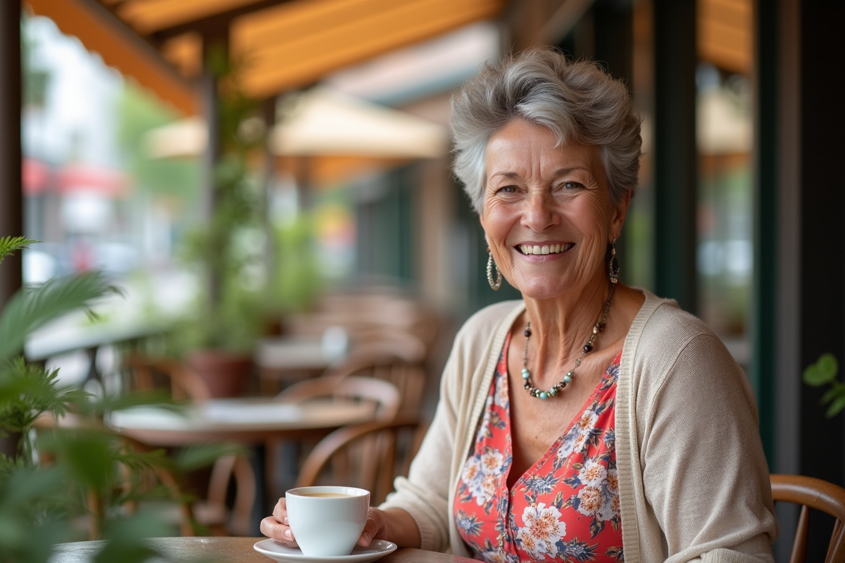 Femme souriante de 65 ans au café en plein air en journée
