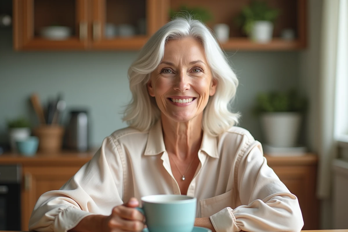 Femme d'âge moyen souriante dans une cuisine chaleureuse