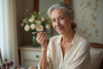 Femme élégante se maquillant devant un miroir de chambre