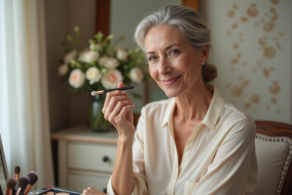 Femme élégante se maquillant devant un miroir de chambre