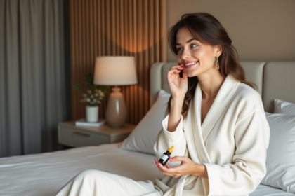 Femme appliquant une huile visage dans un lit moderne