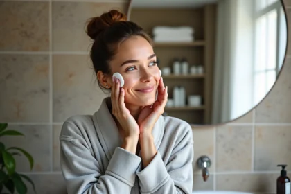 Femme en robe grise appliquant une creme visage