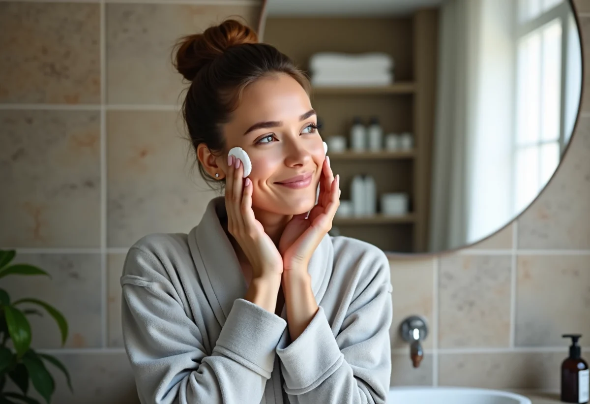 Femme en robe grise appliquant une creme visage