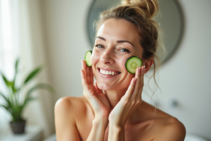 Femme souriante appliquant des tranches de concombre sur le visage