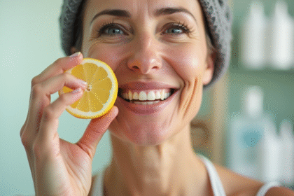 Femme souriante appliquant un citron sur la joue pour soin peau