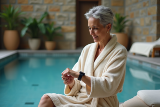 Femme d'âge moyen en robe de spa regardant sa montre connectée