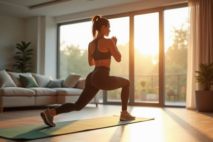Femme sportive faisant des lunges dans un salon lumineux