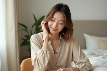Femme élégante avec cheveux en V et blouse en lin beige