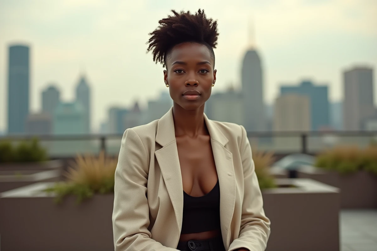 Jeune femme en extérieur arborant une taper coupe ultra clean avec dégradé rasé et boucles naturelles sur le dessus, style urbain contemporain