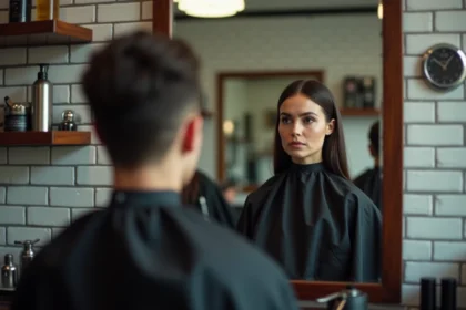Femme en cours de transformation avec une taper coupe ultra clean dans un salon de coiffure urbain, effet avant-après visible