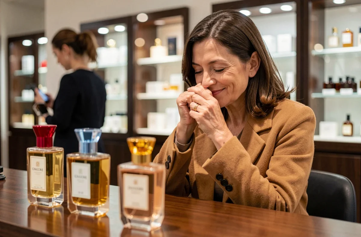 Femme testant un parfum de luxe au comptoir d'un grand magasin, poignet près du visage