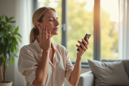 Femme d'âge moyen pratiquant le yoga du visage dans un salon lumineux