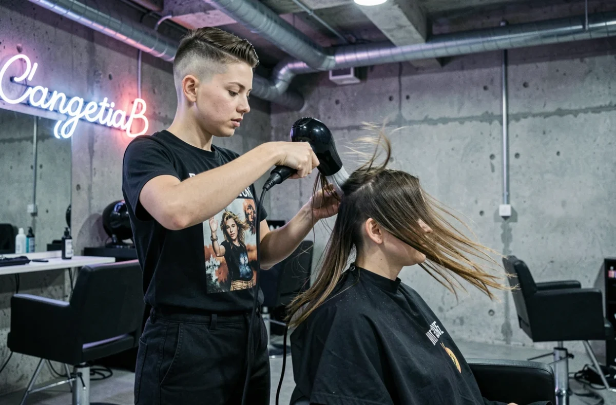 Styliste soufflant les cheveux d'une cliente dans le salon First Cut à Mulhouse avec un décor urbain moderne