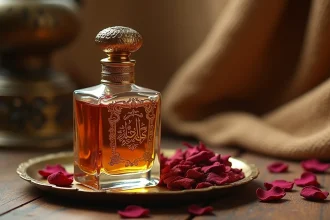 Flacon de parfum Abdul Samad Al Qurashi posé sur du bois avec des pétales de rose séchés et des copeaux d'oud